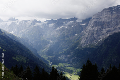 Landscape of the green and mountainous valleys of switzerland