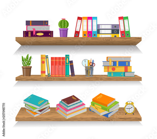 Vector illustration. Wooden shelves with books.