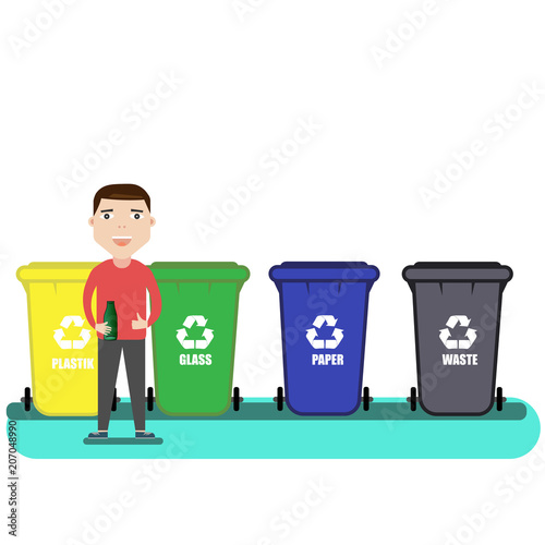 separate waste collection. man is standing near garbage cans with bottle in hand. Sorting of garbage in garbage containers. Recycling garbage paper, plastic, glass, waste