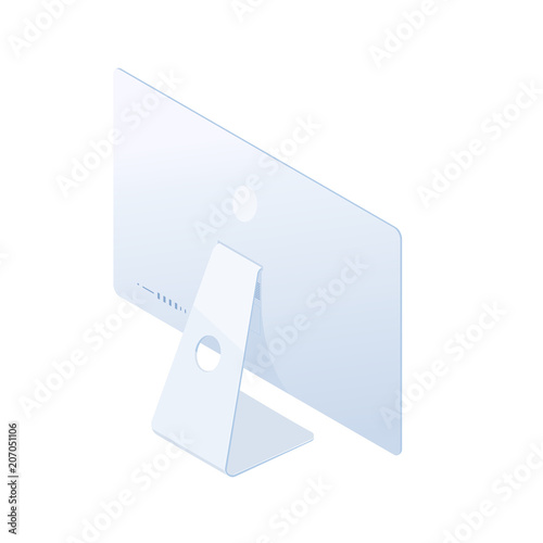 Isometric desktop computer in white body, back side isolated on white background. Technology and computing design element. Vector 3d cartoon.