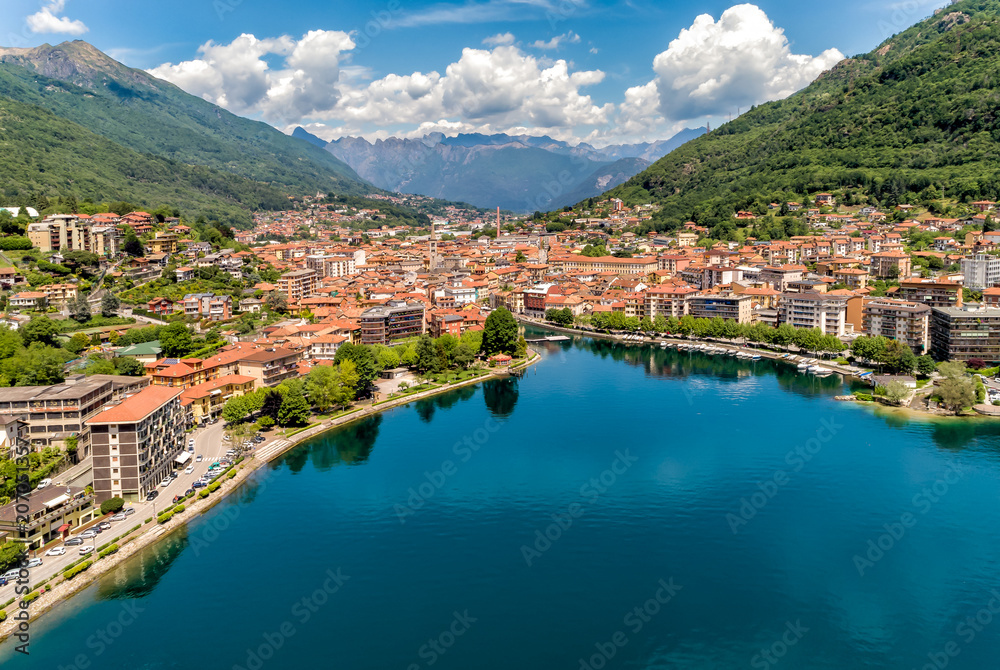 Aerial view of Omegna, located on the coast of Lake Orta in the province of Verbano-Cusio-Ossola, Piedmont, Italy