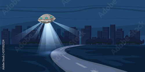 UFO flying over night city, metropolis, houses, skyscrapers, expensive, vector, illustration