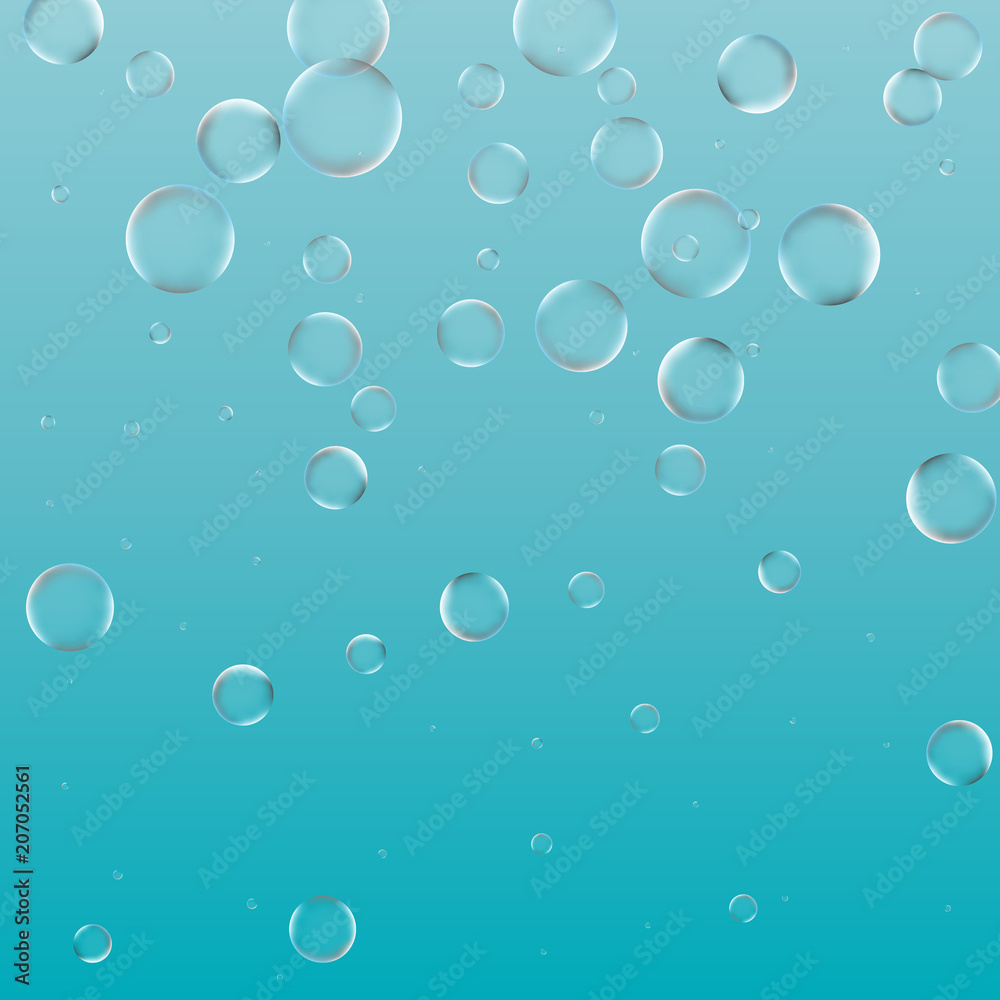 Bubbles underwater set isolated on blue background. Vector pure gas or oxygen bubbles flying in air or under water. Realistic clear sea white elements for your design