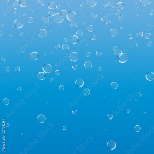 Bubbles in water on blue background horizontal seamless pattern. Circle and liquid, light design, clear soapy shiny, vector illustration