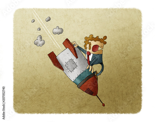 Businessman falling down on top of a rocket. Business failure, the rocket fal...