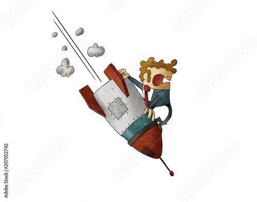 Businessman falling down on top of a rocket. Business failure, the rocket fal...