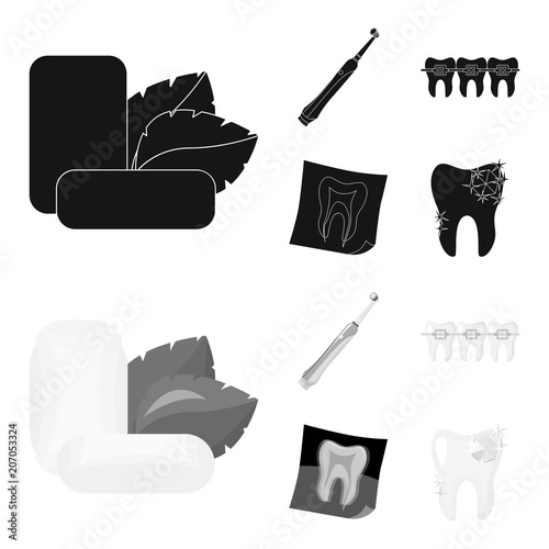 Mint chewing gum with mint leaves, toothbrush with bristles, bregettes with teeth, X-ray of the tooth. Dental care set collection icons in black,monochrome style vector symbol stock illustration web.