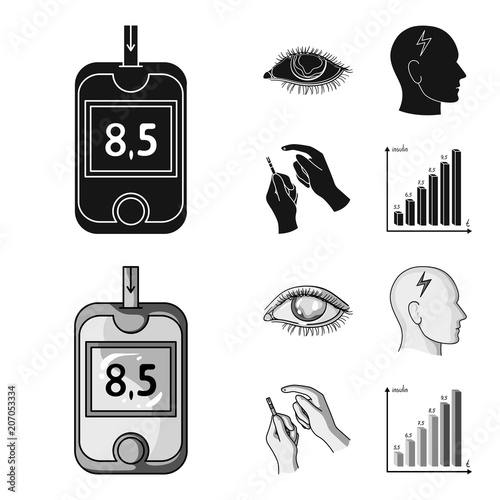 Poor vision, headache, glucose test, insulin dependence. Diabetic set collection icons in black,monochrom style vector symbol stock illustration web.