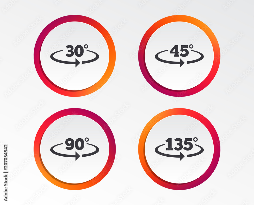 Angle 30-135 degrees icons. Geometry math signs symbols. Full complete rotation arrow. Infographic design buttons. Circle templates. Vector Angle 30-135 degrees icons. Geometry math signs symbols. Full complete rotation arrow. Infographic design buttons. Circle templates. Vector