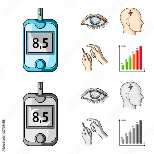 Poor vision, headache, glucose test, insulin dependence. Diabetic set collection icons in cartoon,monochrome style vector symbol stock illustration web.