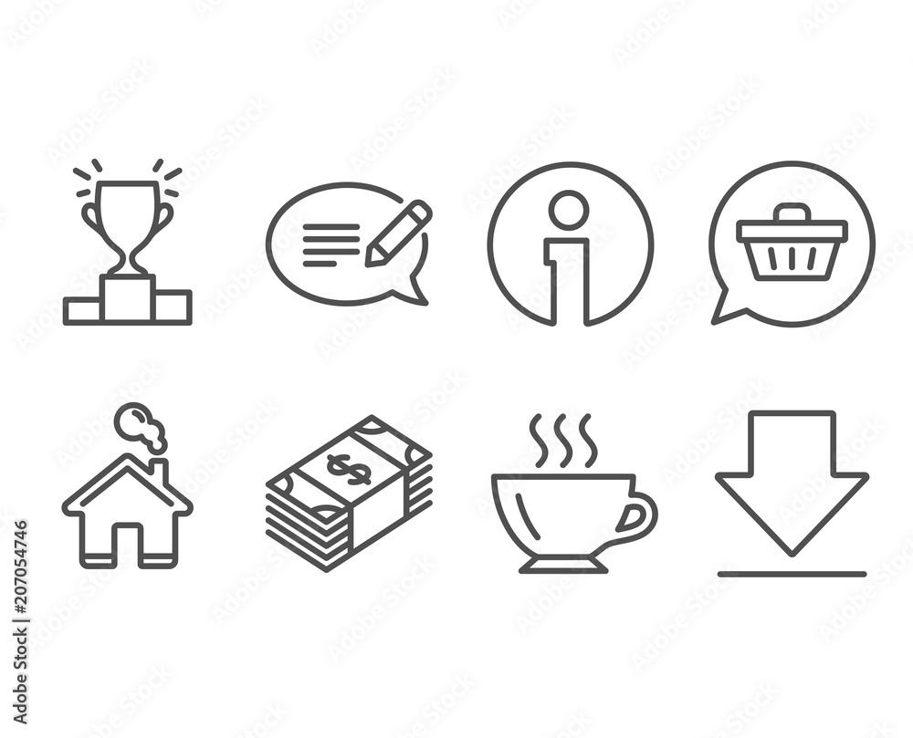 Set of Shopping cart, Winner podium and Message icons. Coffee, Usd currency and Downloading signs. Dreaming of gift, Competition results, Speech bubble. Cappuccino, Buying commerce, Load information Set of Shopping cart, Winner podium and Message icons. Coffee, Usd currency and Downloading signs. Dreaming of gift, Competition results, Speech bubble. Cappuccino, Buying commerce, Load information