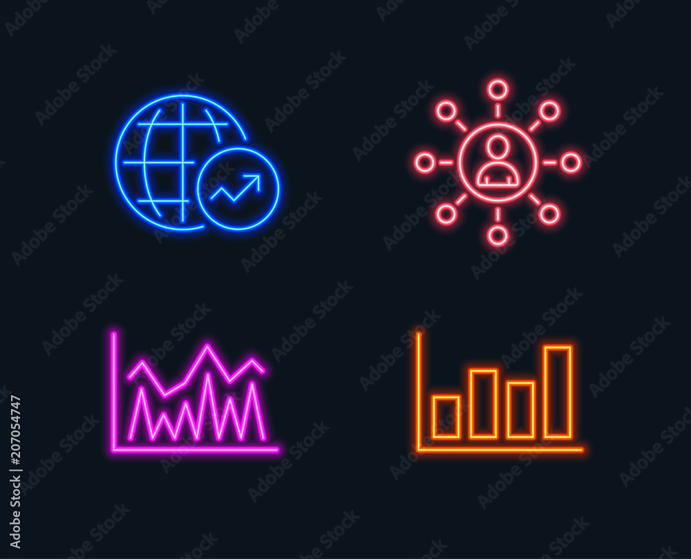 Neon lights. Set of Networking, Investment and World statistics icons. Report diagram sign. Business communication, Economic statistics, Global report. Financial market. Glowing graphic designs Neon lights. Set of Networking, Investment and World statistics icons. Report diagram sign. Business communication, Economic statistics, Global report. Financial market. Glowing graphic designs