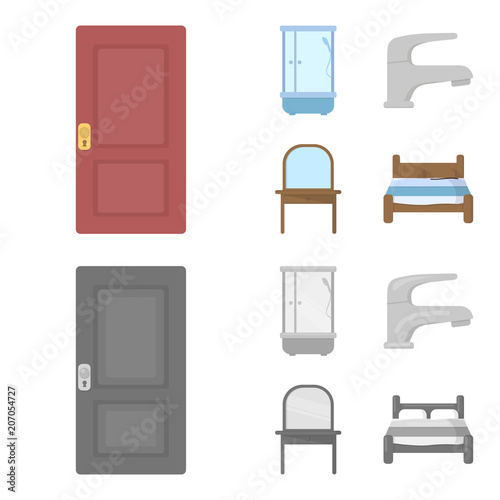Door, shower cubicle, mirror with drawers, faucet.Furniture set collection icons in cartoon,monochrome style vector symbol stock illustration web.