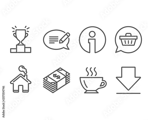 Set of Shopping cart, Winner podium and Message icons. Coffee, Usd currency and Downloading signs. Dreaming of gift, Competition results, Speech bubble. Cappuccino, Buying commerce, Load information
