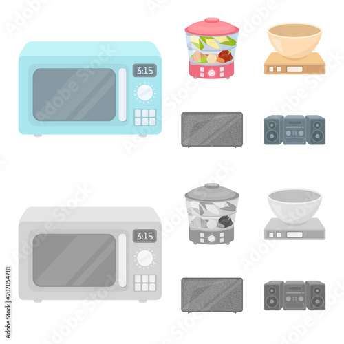 Steamer, microwave oven, scales, lcd tv.Household set collection icons in cartoon,monochrome style vector symbol stock illustration web.