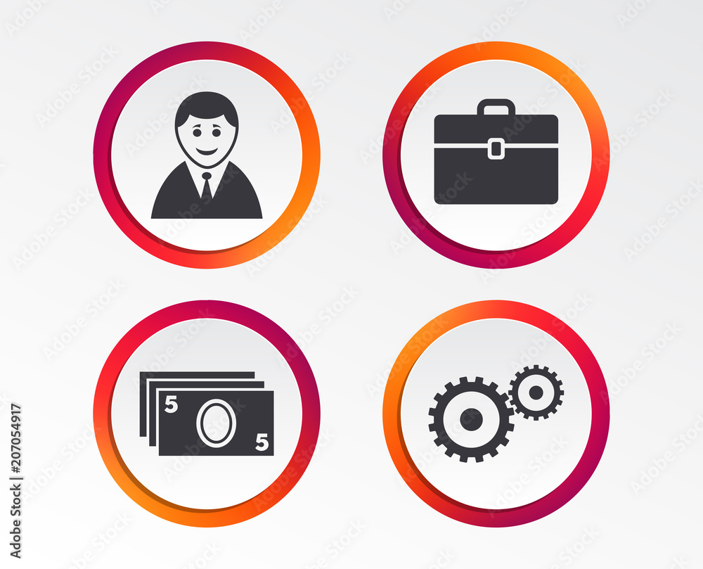 Businessman icons. Human silhouette and cash money signs. Case and gear symbols. Infographic design buttons. Circle templates. Vector Businessman icons. Human silhouette and cash money signs. Case and gear symbols. Infographic design buttons. Circle templates. Vector