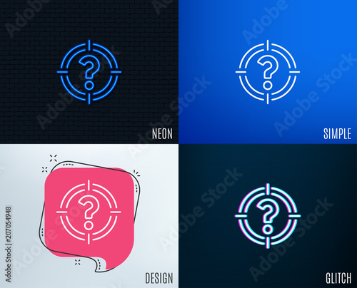 Glitch, Neon effect. Target with Question mark line icon. Aim symbol. Help or FAQ sign. Trendy flat geometric designs. Vector