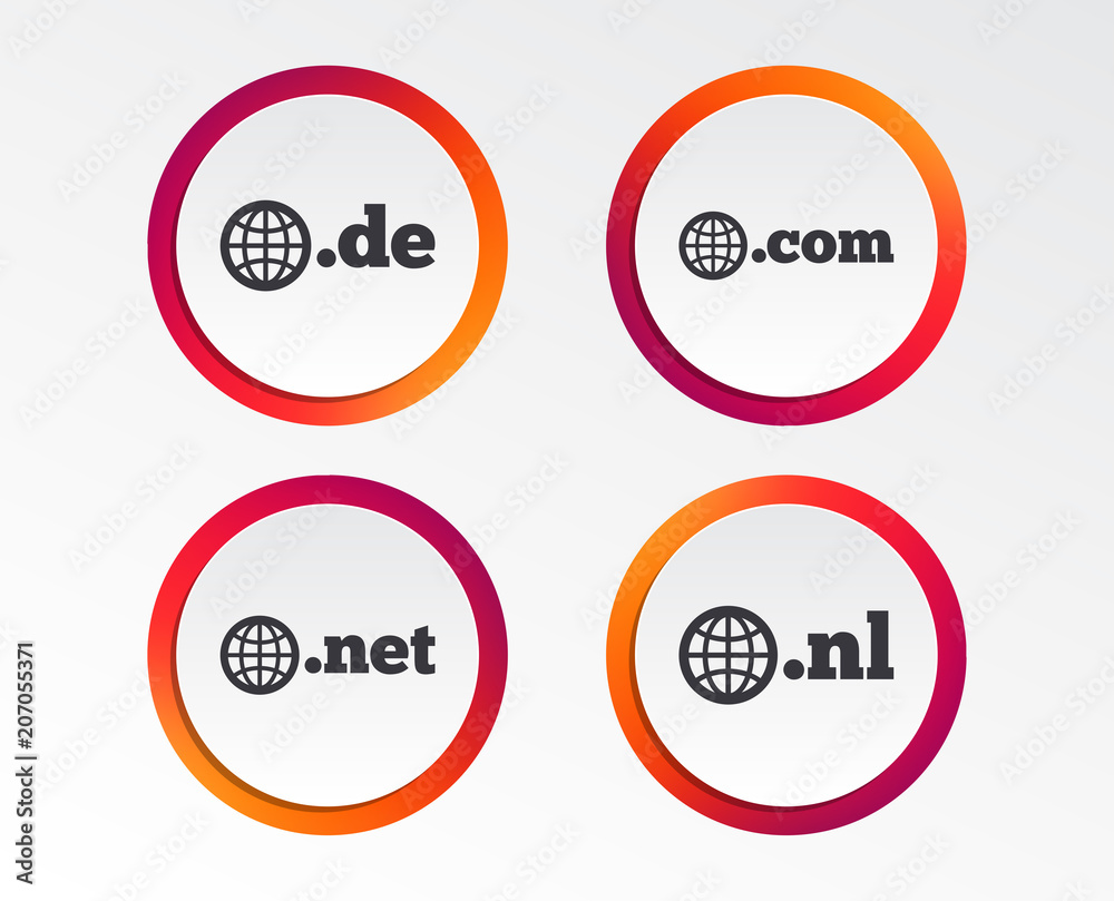 Top-level internet domain icons. De, Com, Net and Nl symbols with globe. Unique national DNS names. Infographic design buttons. Circle templates. Vector Top-level internet domain icons. De, Com, Net and Nl symbols with globe. Unique national DNS names. Infographic design buttons. Circle templates. Vector