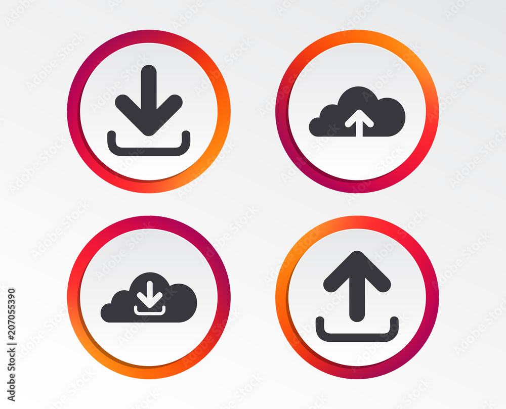 Download now icon. Upload from cloud symbols. Receive data from a remote storage signs. Infographic design buttons. Circle templates. Vector Download now icon. Upload from cloud symbols. Receive data from a remote storage signs. Infographic design buttons. Circle templates. Vector