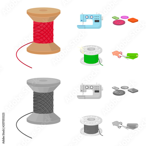Thread reel, sewing machine, bobbin, pugwitz and other equipment. Sewing and equipment set collection icons in cartoon,monochrome style vector symbol stock illustration web.