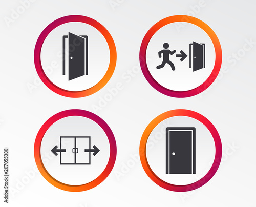 Automatic door icon. Emergency exit with human figure and arrow symbols. Fire exit signs. Infographic design buttons. Circle templates. Vector