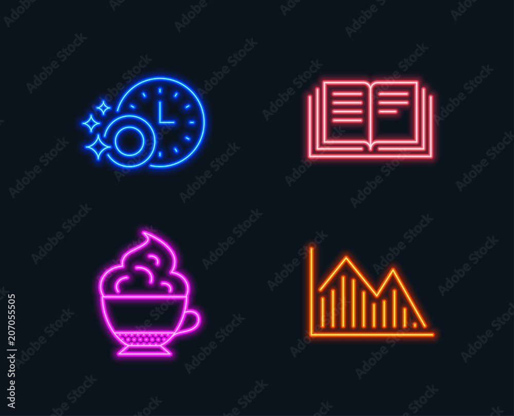 Neon lights. Set of Dishwasher timer, Education and Cappuccino cream icons. Investment graph sign. Cleaning dishes, Instruction book, Coffee with whipped cream. Investment infochart. Vector Neon lights. Set of Dishwasher timer, Education and Cappuccino cream icons. Investment graph sign. Cleaning dishes, Instruction book, Coffee with whipped cream. Investment infochart. Vector