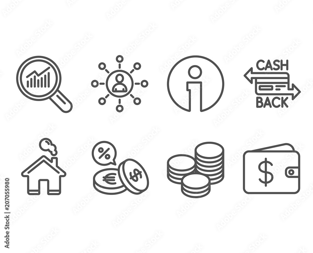 Set of Data analysis, Currency exchange and Cashback card icons. Networking, Tips and Dollar wallet signs. Magnifying glass, Euro and usd, Money payment. Business communication, Cash coins, Cash money