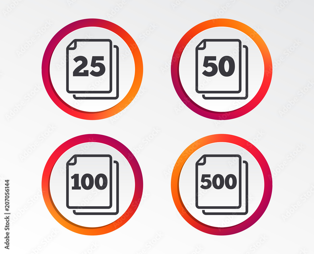 In pack sheets icons. Quantity per package symbols. 25, 50, 100 and 500 paper units in the pack signs. Infographic design buttons. Circle templates. Vector In pack sheets icons. Quantity per package symbols. 25, 50, 100 and 500 paper units in the pack signs. Infographic design buttons. Circle templates. Vector