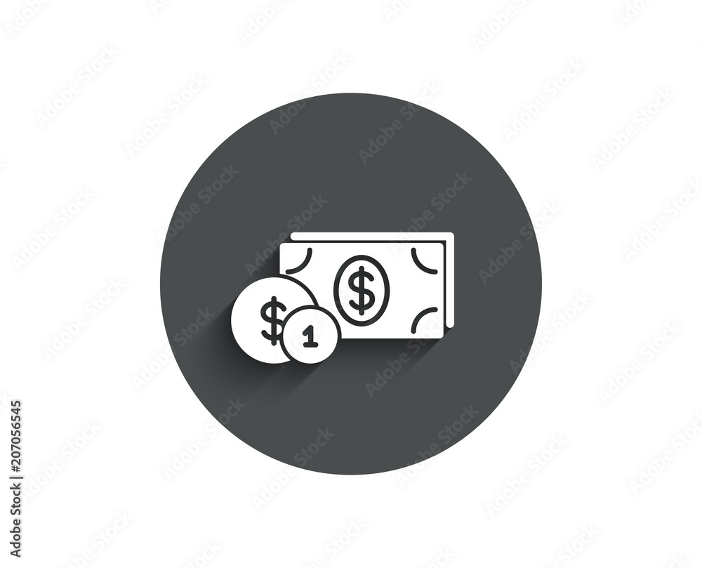 Cash money with Coins simple icon. Banking currency sign. Dollar or USD symbol. Circle flat button with shadow. Vector Cash money with Coins simple icon. Banking currency sign. Dollar or USD symbol. Circle flat button with shadow. Vector