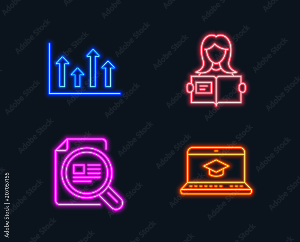 Neon lights. Set of Woman read, Upper arrows and Check article icons. Website education sign. Girl studying, Growth infochart, Magnifying glass. Video learning.  Glowing graphic designs. Vector
