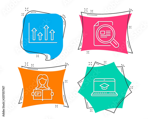 Set of Woman read, Upper arrows and Check article icons. Website education sign. Girl studying, Growth infochart, Magnifying glass. Video learning.  Flat geometric colored tags. Vivid banners. Vector