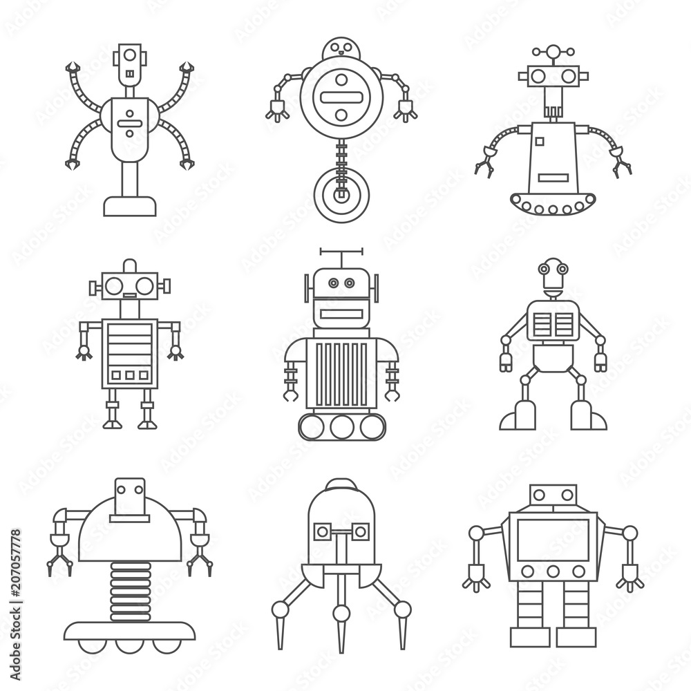 set funny robot technology toy thin line, drawing on a children's t-shirt.  Easy to change color. Stock Vector | Adobe Stock