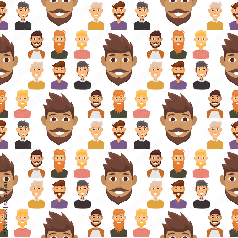 Character expressions bearded man face seamless pattern background avatar and fashion hipster hairstyle head person with mustache vector illustration. Character expressions bearded man face seamless pattern background avatar and fashion hipster hairstyle head person with mustache vector illustration.