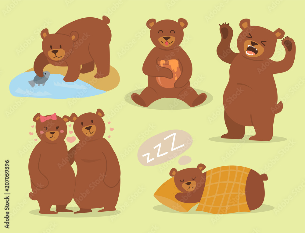 Fototapeta premium Cartoon bear character teddy pose vector set wild grizzly cute illustration adorable animal design.
