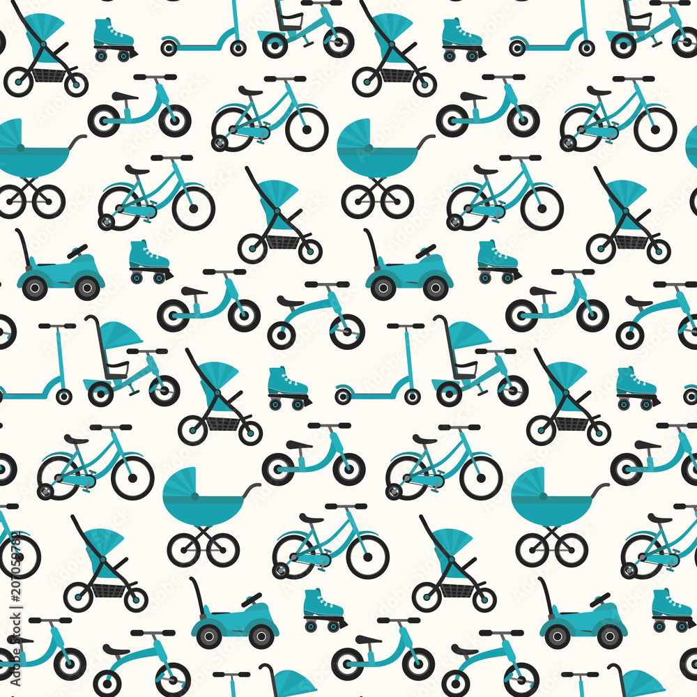 Fototapeta premium Flat bright blue baby transport seamless pattern. Colorful turquoise vector children transport texture for package design, textile, wrapping paper, background, surface, wallpaper