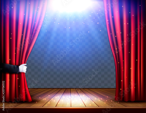 A theater stage with a red curtain and hand on transparent background. Festival night show poster. Vector