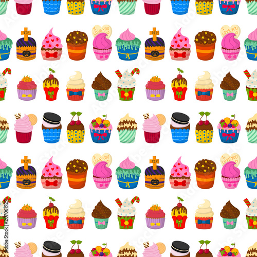 Cute vector cupcakes and muffins chocolate seamless pattern background celebr...