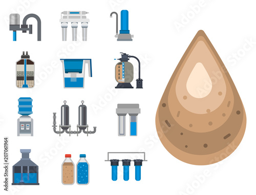 Water purification icon faucet fresh recycle pump astewater treatment collection vector illustration.