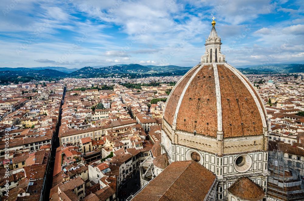 Dome of the cathedral of Florence, by Brunelleschi, and Florence panorama city skyline, Florence, Italy