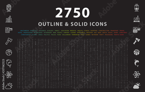 Set of 2750 Outline and Solid Icons on Black Background . Vector Isolated Elements 