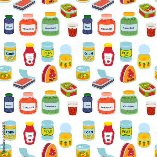 Collection of various tins canned goods food metal container product seamless pattern vector illustration.