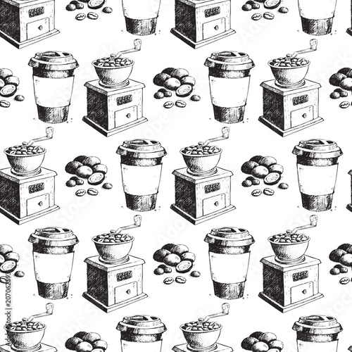 Coffee production hand drawn seamless pattern background vintage drawing drin...