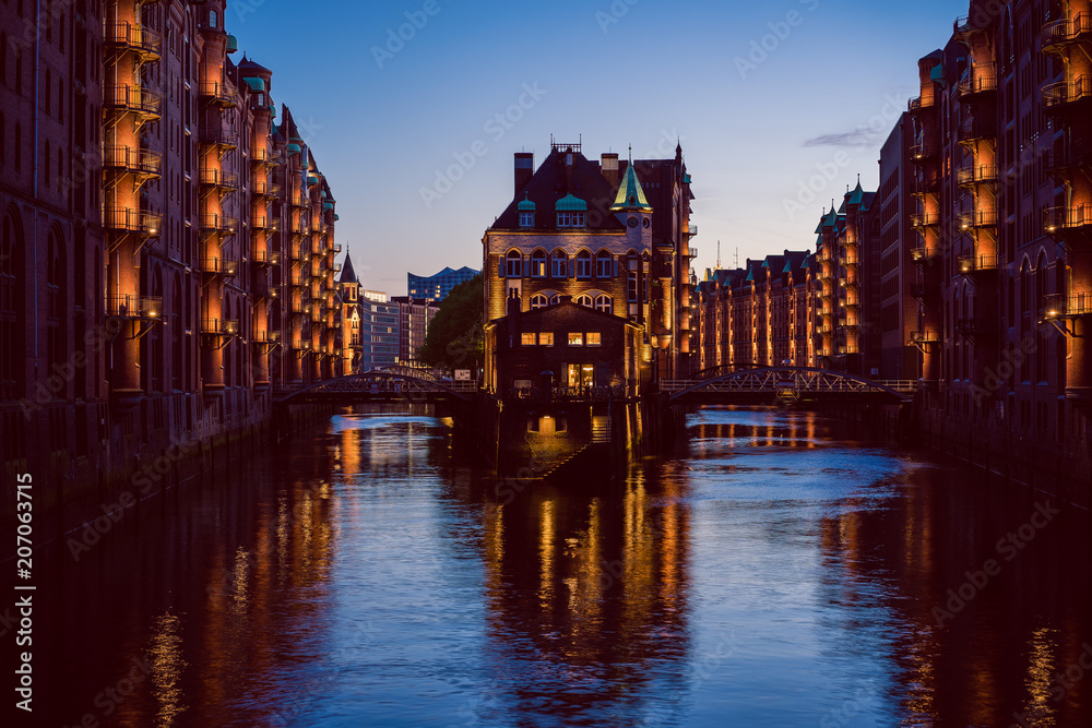 Water castle in old Speicherstadt or Warehouse district, Hamburg, Germany