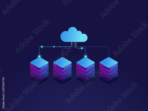 Server room, cloud storage icon, datacenter and database concept, data exchange process isometric photo