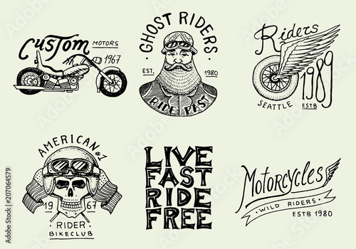 Motorcycles and biker club templates. Vintage custom skulls emblems, labels badges for t shirt. Monochrome retro style. Classic sport motorbike with racing gasoline. Hand drawn engraved sketch