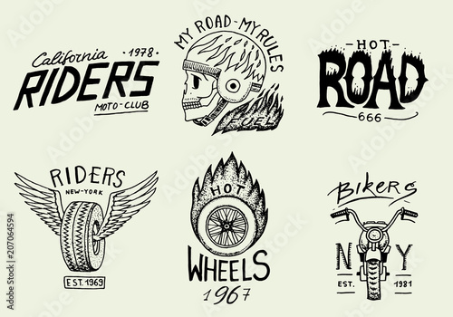 Motorcycles and biker club templates. Vintage custom skull emblems, labels badges for t shirt. Monochrome retro style. Classic racing sport motorbike. vector elements. Hand drawn engraved sketch
