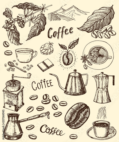 Traditional Filter Coffee Maker. Modern vintage elements  percolator  plants  grain and kettle for the shop menu. Vector illustration. engraved hand drawn in old sketch for card  badges  labels.