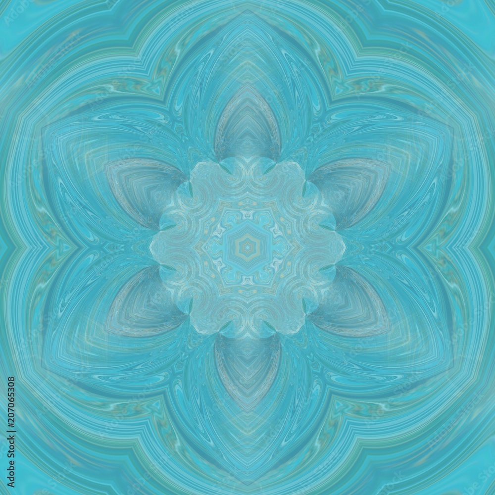 Elegant turquoise and blue meditation mandala. Kaleidoscopic flower. Creative pattern for any printed production, print on fabric, canvas, paper and ceramic. Template for decoration of design products Elegant turquoise and blue meditation mandala. Kaleidoscopic flower. Creative pattern for any printed production, print on fabric, canvas, paper and ceramic. Template for decoration of design products