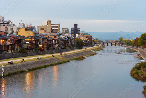 View of the embankment of the river Kamo, Kyoto, Japan. Copy space for text.