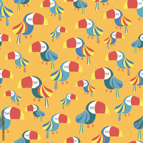 toucan birds blue red white yellow seamless pattern seamless pattern. Great for kids market  fabric design  wallpaper  scrap booking. Vector surface pattern design.